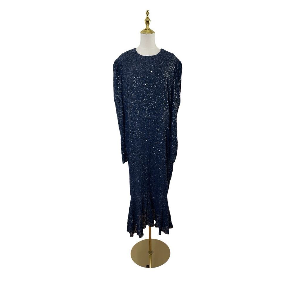 Mac Duggal 10865 Midnight Sequin Long Sleeve Puff Shoulder Dress Size 14 $398 - Picture 4 of 8